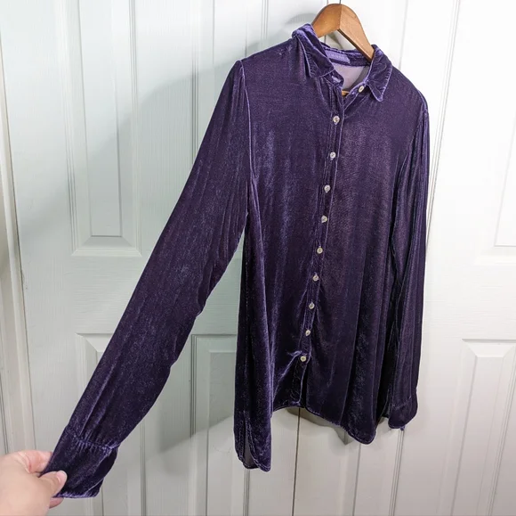 Cut Loose Cut Velvet Button Front Top Medium Purple Silk Blend Lagenlook L/S - Picture 4 of 10